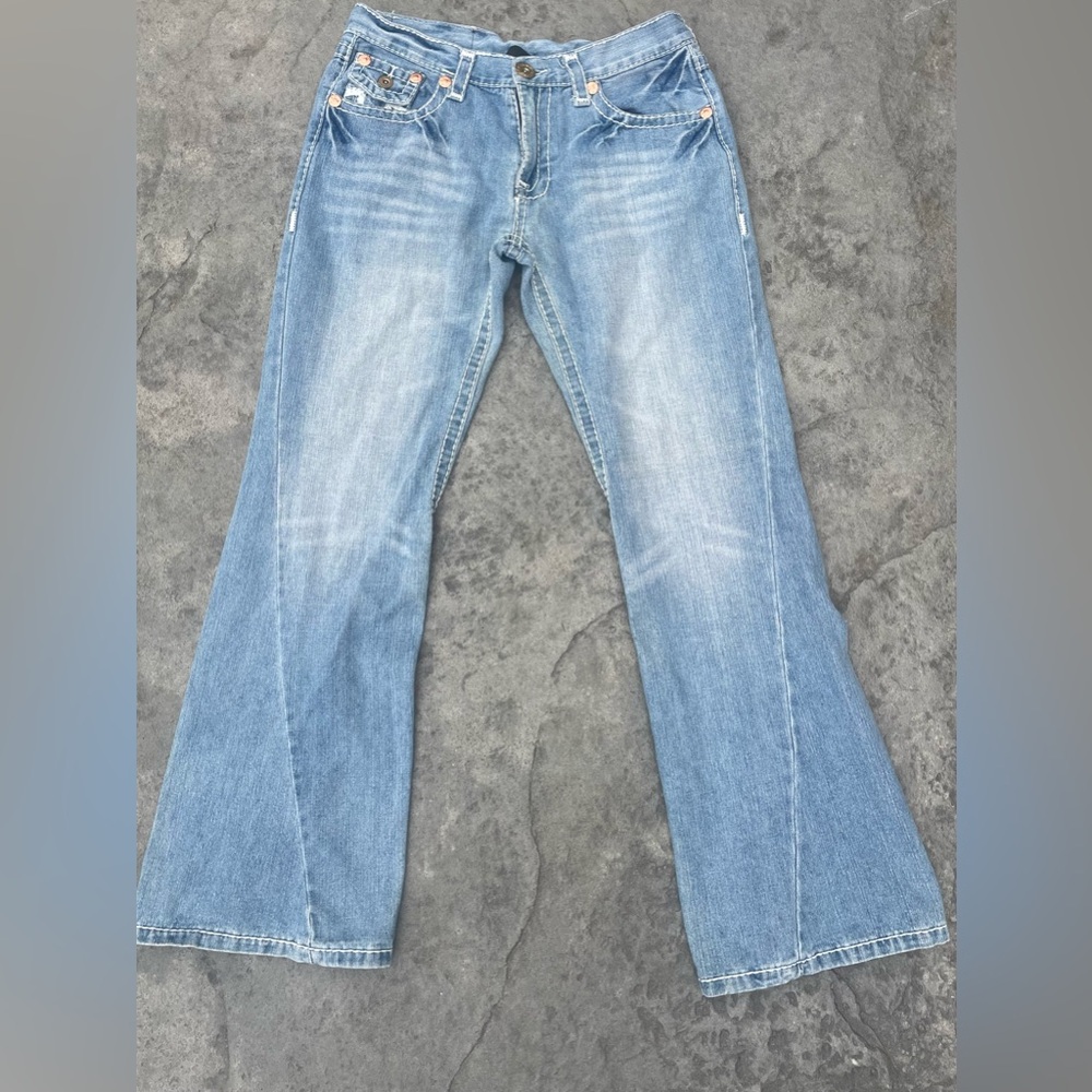 True Religion Women's Wide Leg Flare Jeans in Faded Blue Denim - Picture 3 of 11